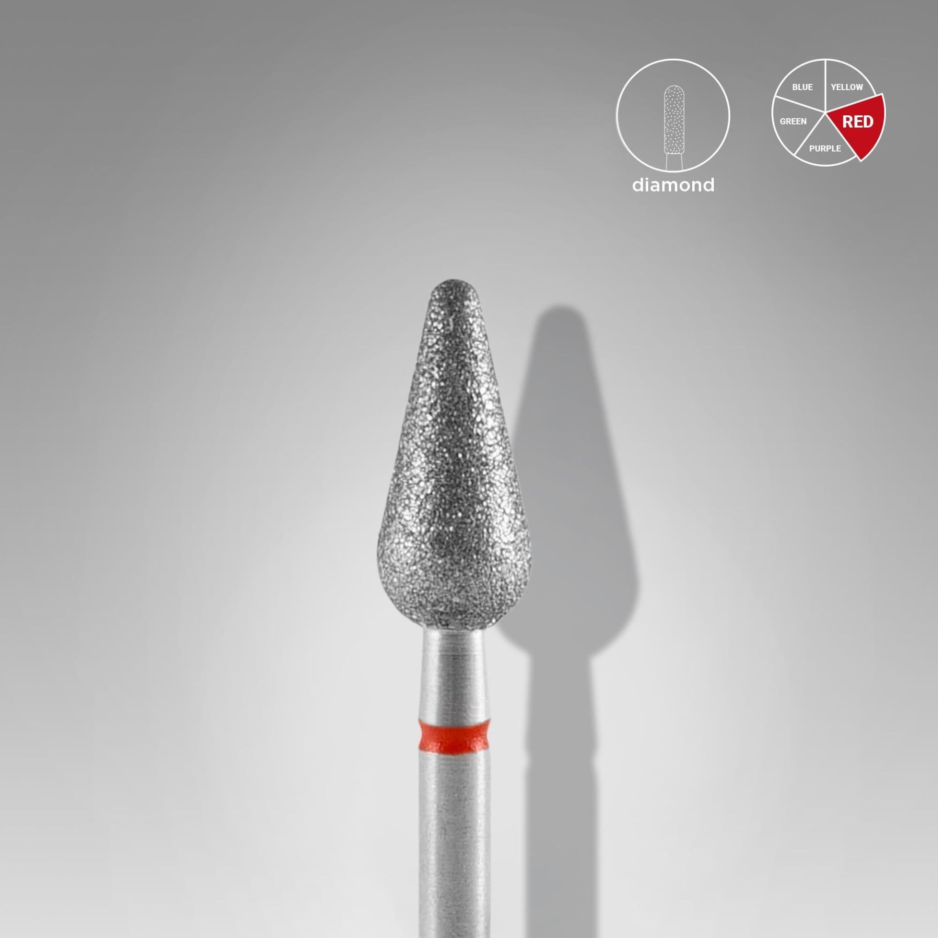 Elmas Yuvarlanmış Armut Freze, Kırmızı, Çap 5 mm, Çalışma Kısmı 12 mm
