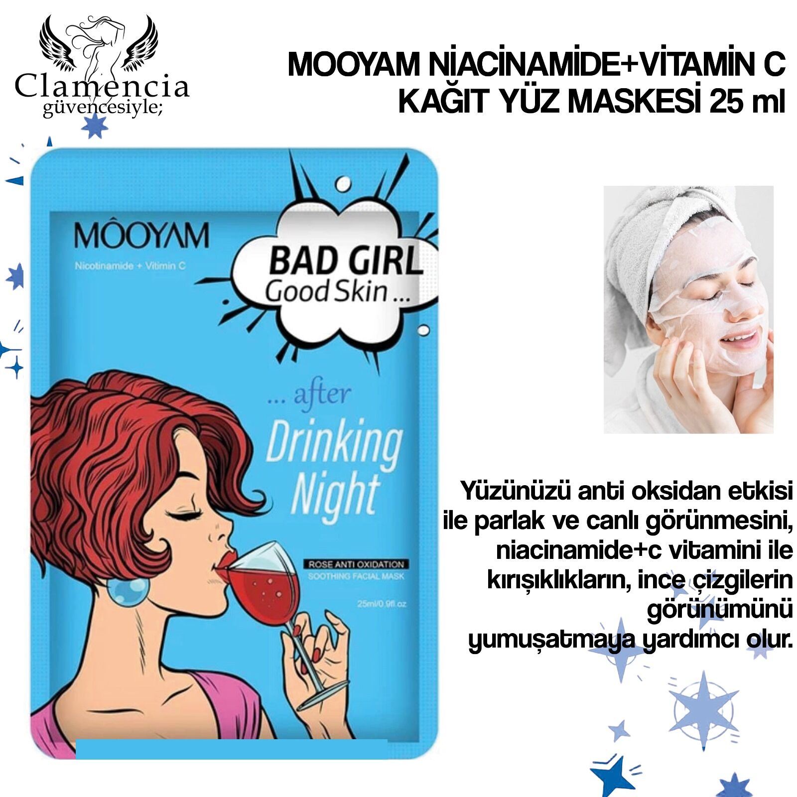 Mooyam Niacinamide + Vitamin C Kağıt Yüz Maskesi 25 ml – Drinking Night Serisi