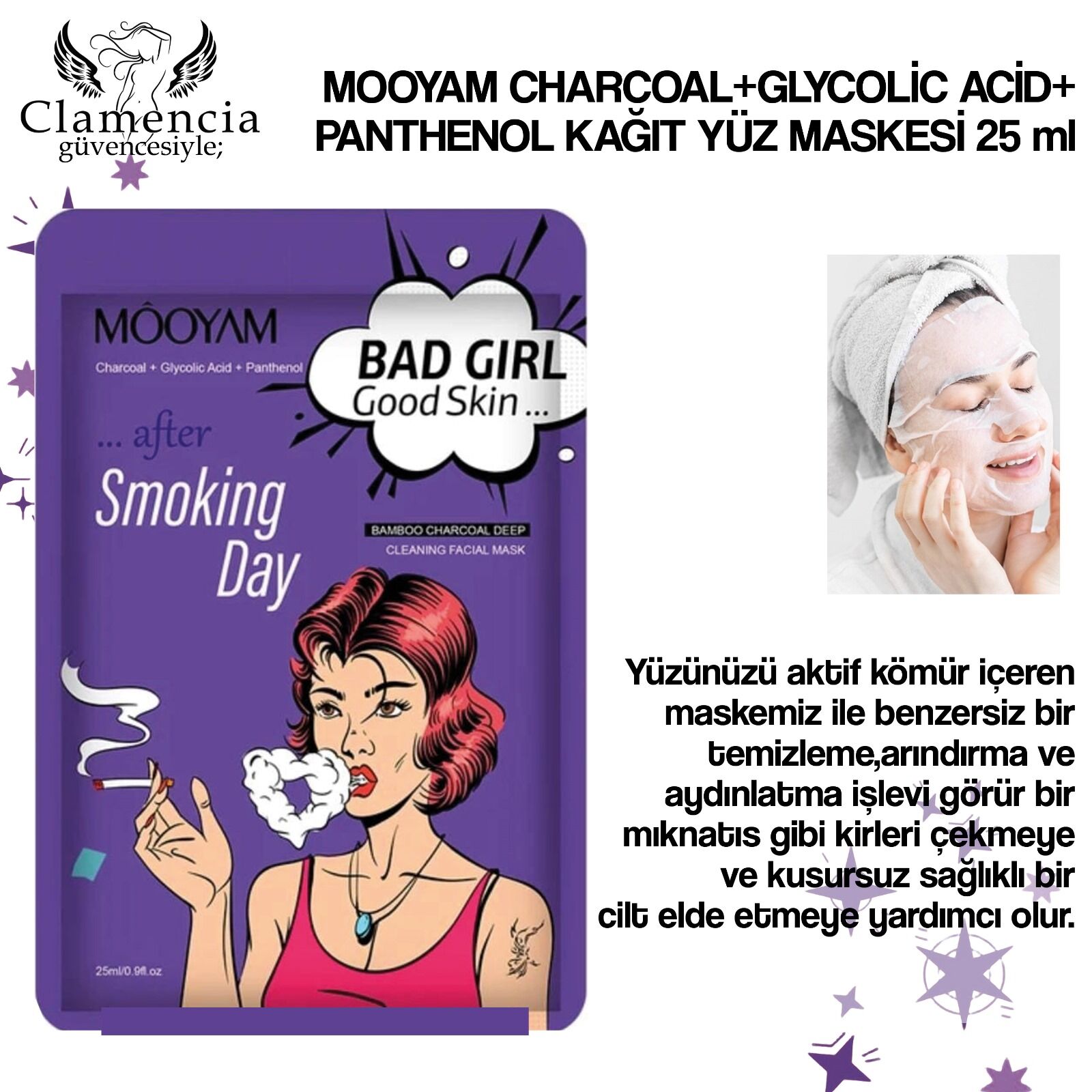Mooyam Charcoal + Glycolic Acid + Panthenol Kağıt Yüz Maskesi 25 ml – Smoking Day Serisi