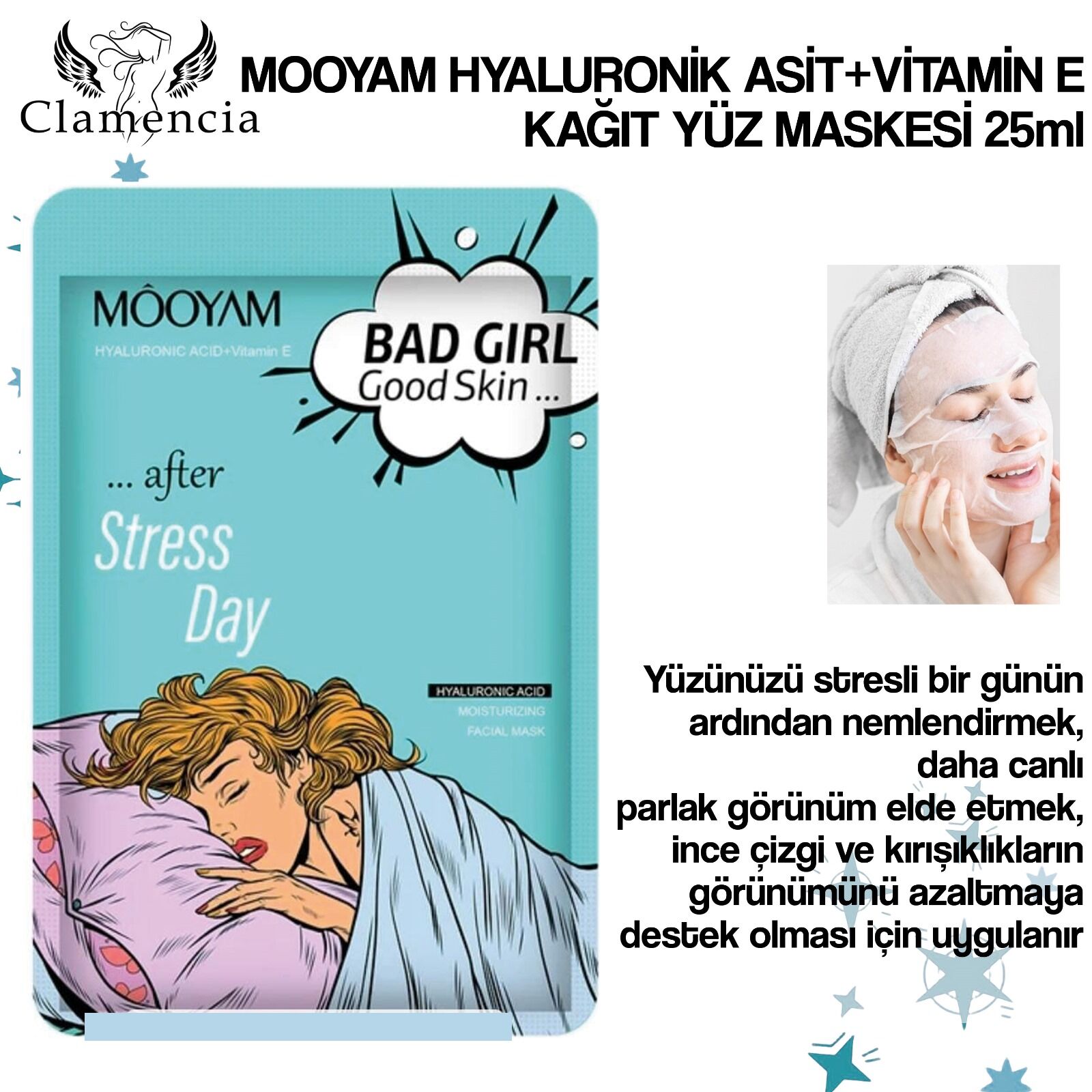 Mooyam Hyaluronik Asit + Vitamin E Kağıt Yüz Maskesi 25 ml – Stress Day Serisi