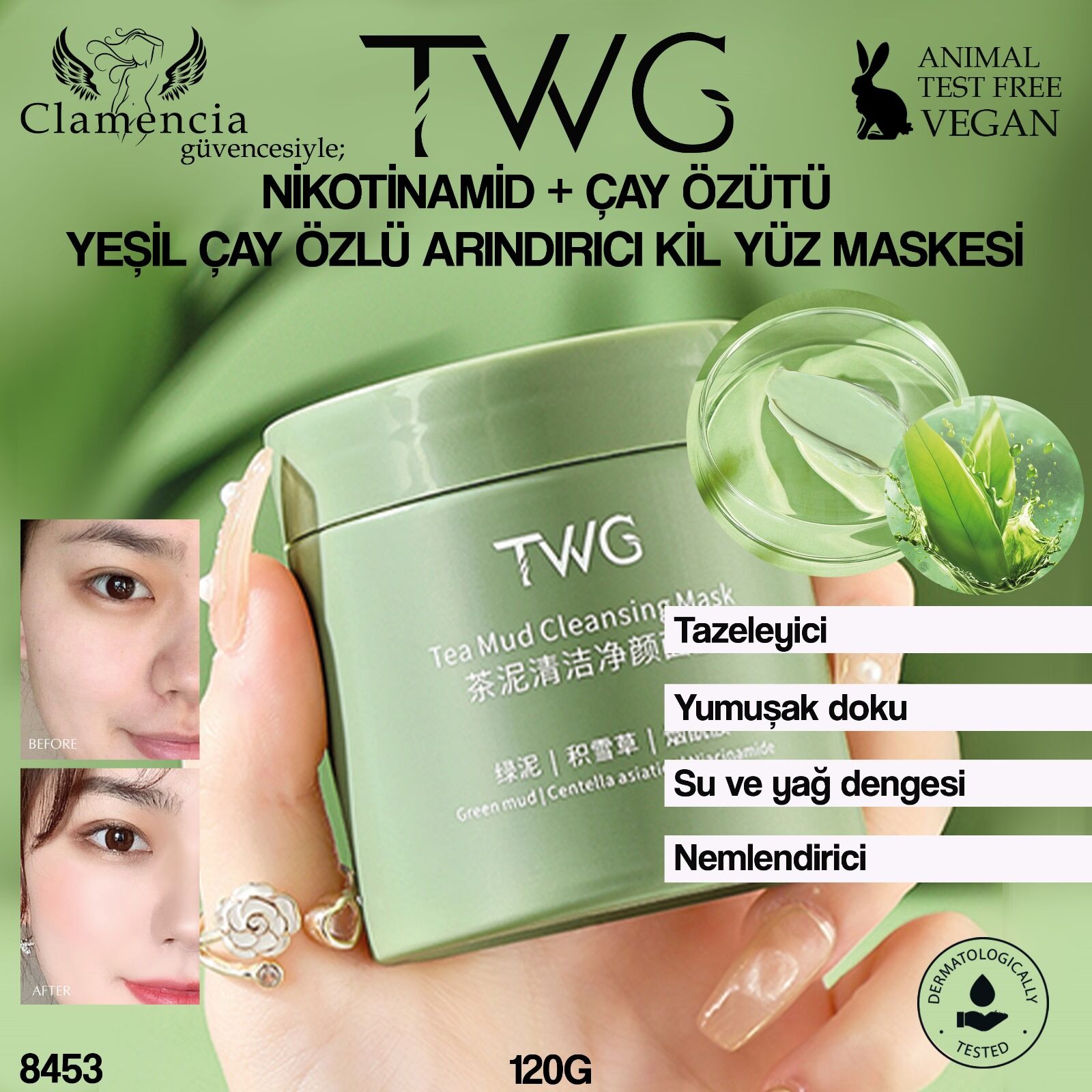 TWG Yeşil Çay + Nikotinamid İçerikli Kil Yüz Maskesi 120 ml – Arındırıcı & Dengeleyici