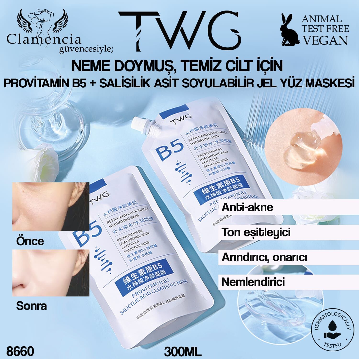 TWG Provitamin B5 + Salisilik Asit Soyulabilir Jel Yüz Maskesi 300 ml – Arındırıcı & Nemlendirici