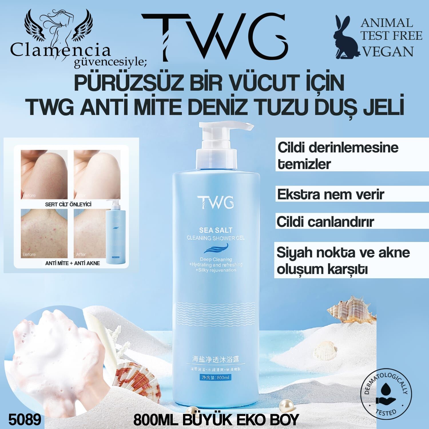 TWG Anti Mite Deniz Tuzu Duş Jeli – 800ml Eko Boy