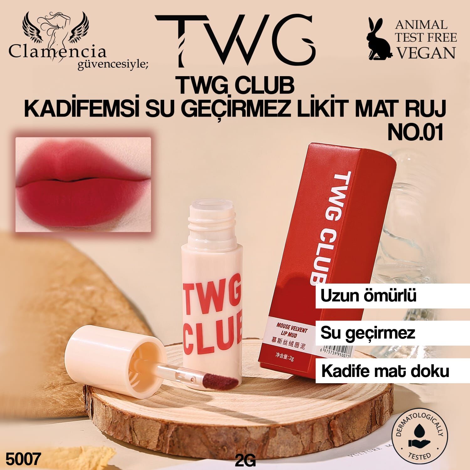 TWG CLUB Kadifemsi Su Geçirmez Likit Mat Ruj No.01 – 2g