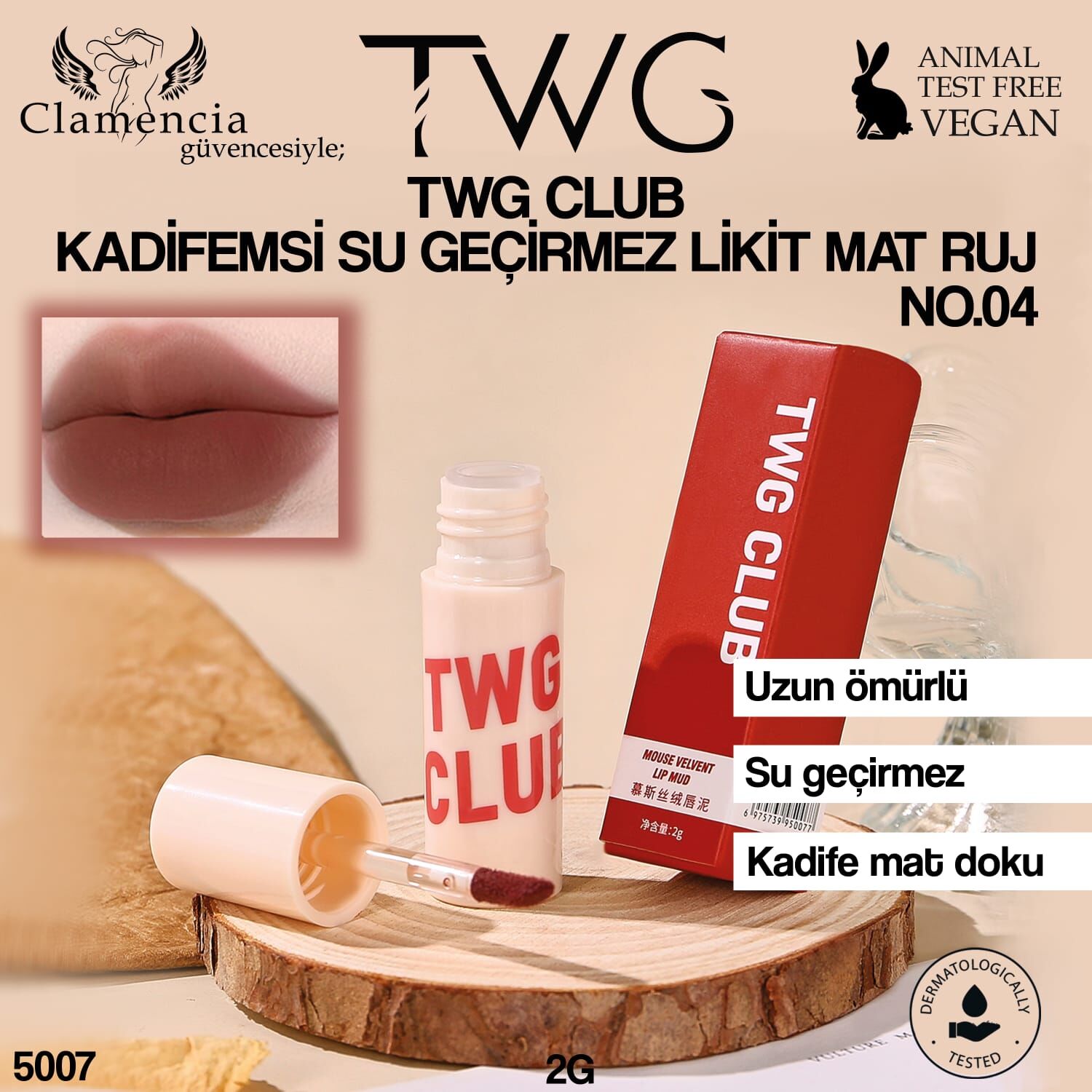 TWG CLUB Kadifemsi Su Geçirmez Likit Mat Ruj No.04 – 2g