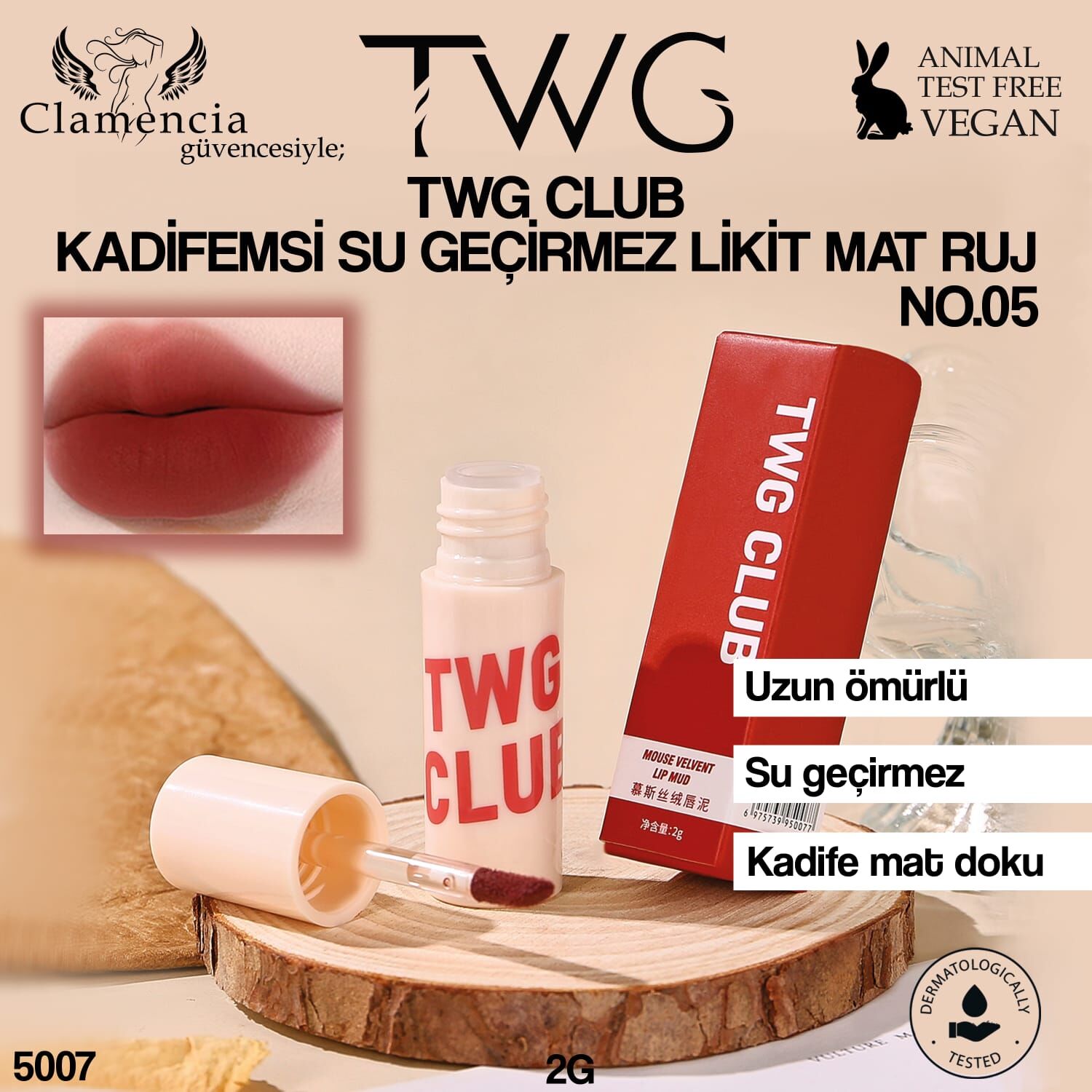 TWG CLUB Kadifemsi Su Geçirmez Likit Mat Ruj No.05 – 2g