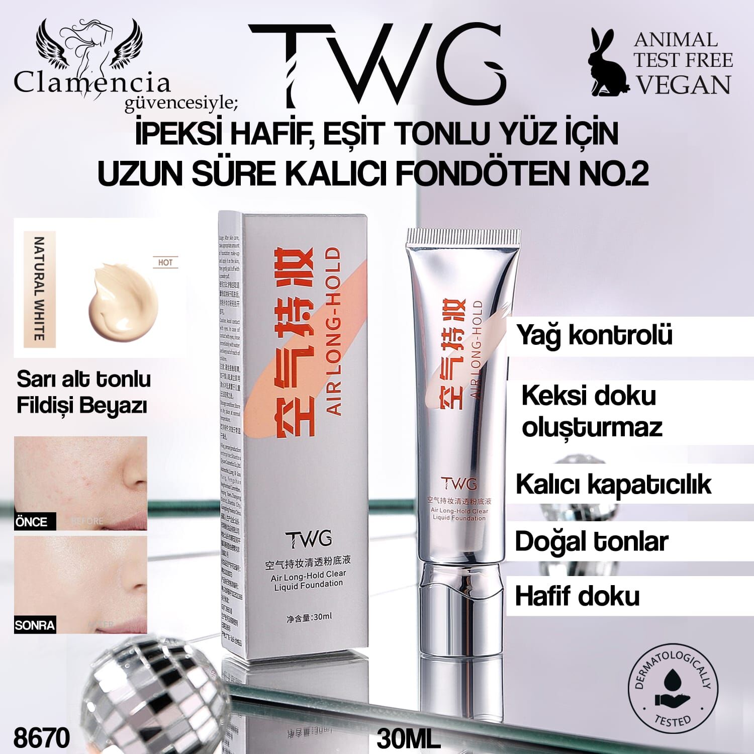 TWG Air Long-Hold Likit Fondöten No.2 – 30ml (Fildişi Beyaz)