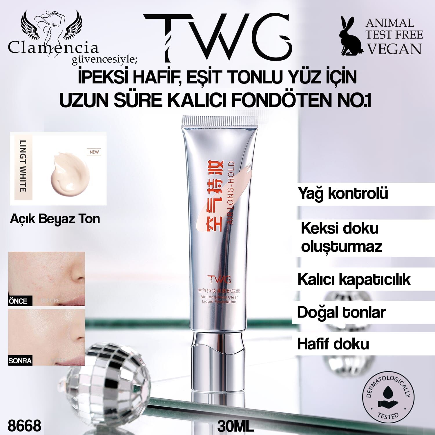 TWG Air Long-Hold Likit Fondöten No.2 – 30ml Naturel Beyaz