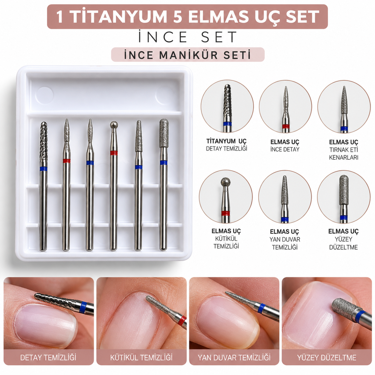 1 Titanyum 5 Elmas İnce - Kenarlar İçin Uç Set